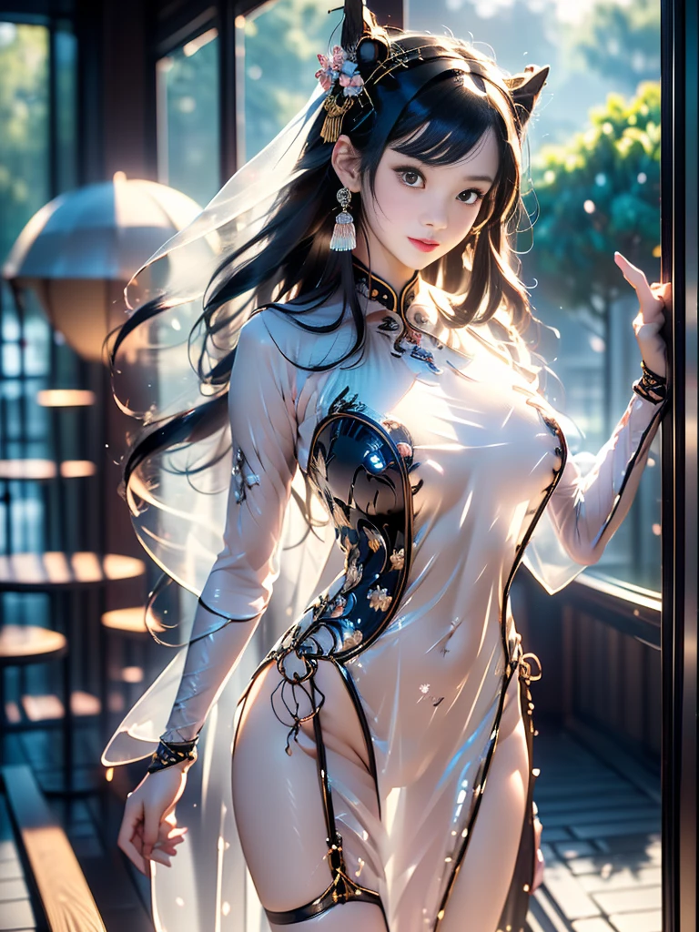 A beautiful woman in a transparent outfit, (Race:Chinese),((night, moonlight, By the coffee shop's floor-to-ceiling windows)), (8K Ultra HD, 8K, Ultra-high resolution, best quality, masterpiece, Surrealism, Digital SLR Camera, Soft Light, Bokeh, Masterpieces), ((((Beautiful model-like face))), (Creating the image of a real girl), warm light, Realistic shadows, Dynamic poses, Elegant Posture, Cowboy lens, Full body front view, Be confident, Body facing the camera, Standing facing the camera, Open your legs slightly, Golden Ratio Graphics, Minimalism), (Happy smile, Big watery eyes, Cherry Blossom, Balanced Eyes, Perfect beautiful face, Normal facial features, Realistic skin, Attention to skin details, Skin is clean and radiant, Whitening, Anatomically correct body, Hourglass figure, cosmetic, Gloves, earrings, bracelet, necklace, Jewelry, veil, Hair accessories, Headdress, shawl), ((beautiful hair), Dark brown hair, Big wavy curly hairstyle, Waist-length hair, Messy Hairstyle, Gradient hairstyles, Cyberpunk hairstyle), ((Transparent clothes：1.5), (Color of clothes: Two colors), Transparent Clothes, See-through clothes, Tulle clothes, Mesh clothes, Transparent sci-fi Hanfu, Shiny micro bikini bra, (Clothes that accentuate your bust shape)), (Sexy的, Perfect breast shape, Teardrop chest shape, Snow-white breasts, very detailed breasts, 36C cups), (Tempting, Super high waist, Deep V, Low-cut, Sexy, Flattering, Open crotch, (Camel toe, High fork strangulation)), (sock, Knee socks, 吊garter, Leg ring, garter, 腿部garter), (style:Sexy,Mature), (Wet body:1.0) , (Wet clothes:1.0), (clothes pattern: line)