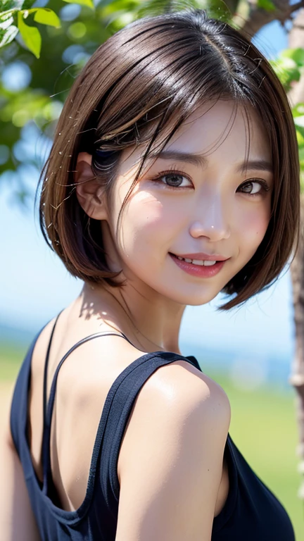 (((Close-up of face)))、(((Absolutely shoulder-length brown straight short bob)))、(((She is posing like a hair salon model with a park with a blue sky in the background.)))、(((She is wearing a casual short-sleeved camisole)))、(Natural laughter:1.25)、Half Japanese, half Korean、18 years old、Standing Alone、Looking forward、Light eye makeup、Brown Hair Color、Flat and small chest、Hair blowing in the wind、Actress Quality、Glossy, ultra-realistic face、Smiling face、Watery eyes、Gazing Up、Subtle lighting effects、 Ultra-Realistic Capture、Very detailed、High resolution 16K close up of human skin。Skin texture must be natural、The details must be such that pores can be clearly seen、The skin is healthy、Uniform tone、Use natural light and colors、A worn-out, high-quality photo taken by a model agency&#39;s in-house photographer.、smile、(((SIGMA 300 mm F/1.4,1/1000 sec shutter,ISO 400)))、The background is F-stop 1..4 is blurred
