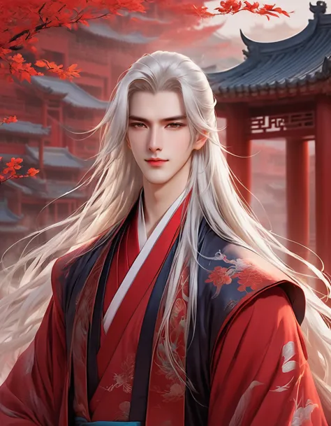 a stunning avatar of an anime male with long hair, hanfu, chinese style background, exquisite facial features, handsome and maje...