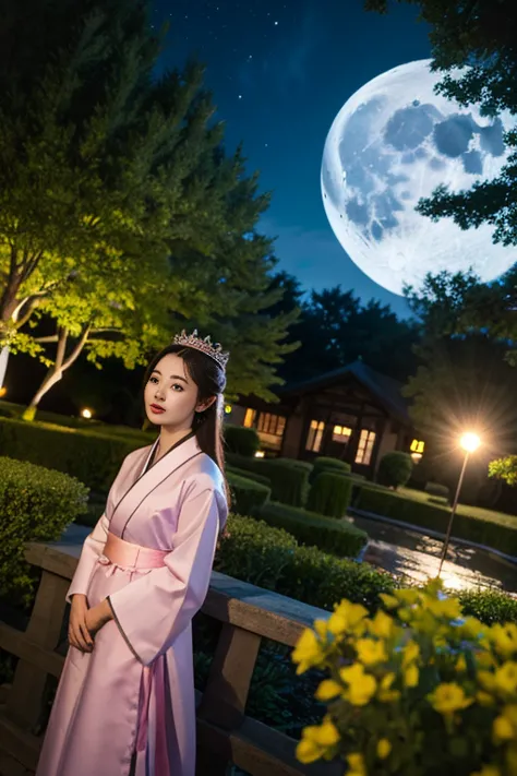 best quality, high_resolution, distinct_image, detailed background ,girl, hanbok,flower,garden,moon, night,dutch angle, wide sho...