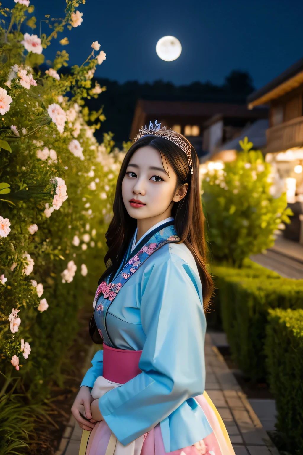 best quality, high_resolution, distinct_image, detailed background ,girl, hanbok,flower,garden,moon, night,dutch angle, wide shot, crown,