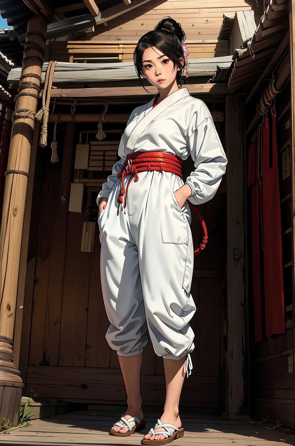 1 female, wearing headband, wearing white ninja costume, standing inside japanese traditional house, serious, fullbody shot, pose, 