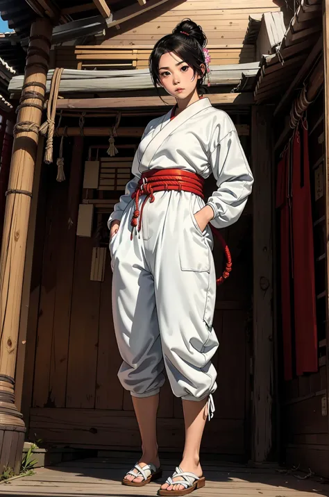 1 female, wearing headband, wearing white ninja costume, standing inside japanese traditional house, serious, fullbody shot, pos...