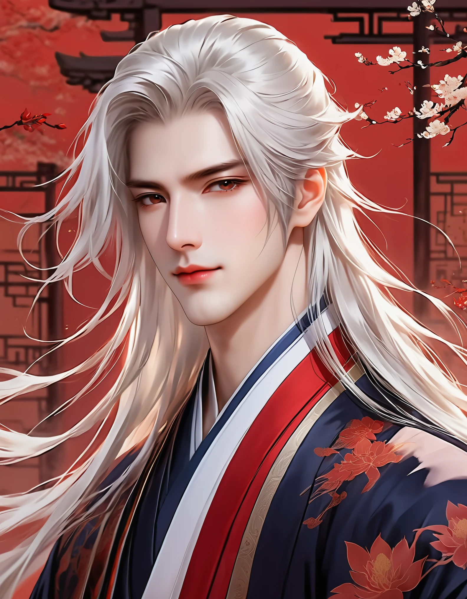 A stunning avatar of an anime male with long hair, Hanfu, Chinese style background, Exquisite facial features, Handsome and majestic, white hair，Brilliant colors, red theme, High resolution, Perfect details.