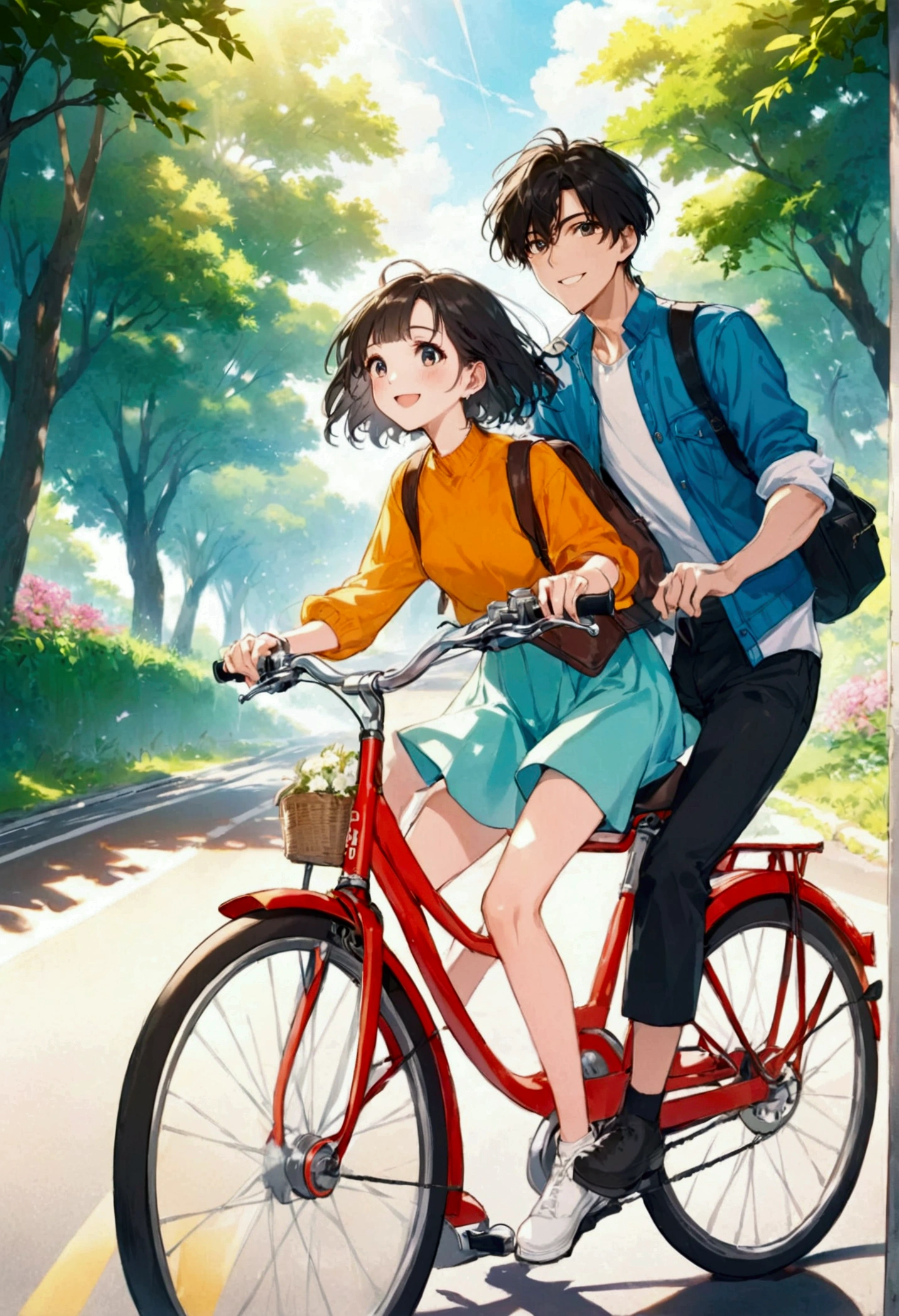 Thin contours、Anime Style、Cool and edgy、 Young couple cycling along a sunlit country road、Blooming Flowers々and surrounded by lush greenery、A happy face shining。bright、Bright colors、Movie angle、High detail、Nostalgic、Fashionable、Pause、colorful、With confidence、Performance、accessories、Coil、Surroundings、stylish、impressive、modern、fashion