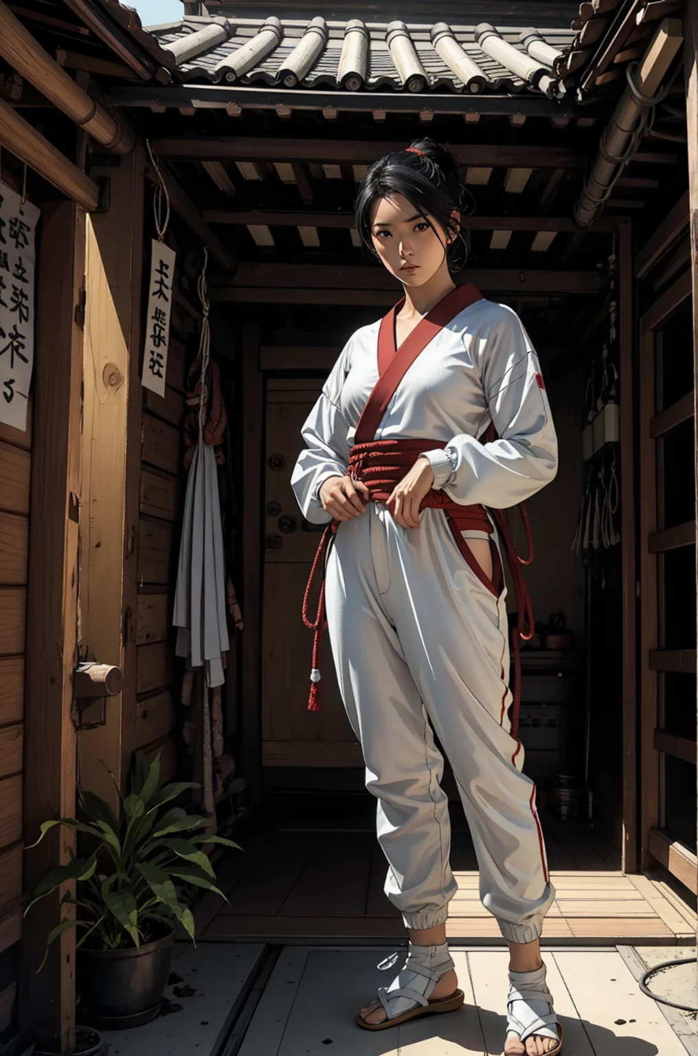 1 female, wearing headband, wearing white ninja suit, standing inside japanese traditional house, serious, fullbody shot, pose, oda non style, 