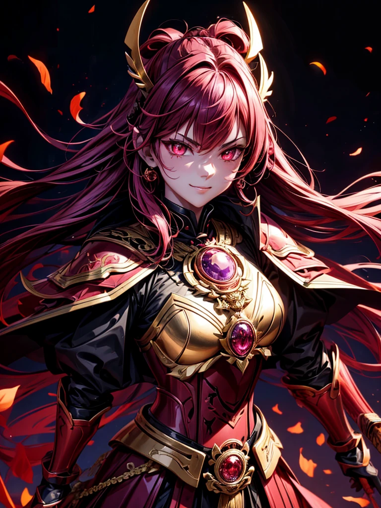 best quality,4K,high resolution),Ultradetailliert,realistisch,portrait, Lila Samurai Sukkubus mit einen katana dunkelrotem Haar, a purple-dark red armor with gold neon lights with gold trim and glowing red eyes, Leuchtende Farben, delicate features, seductive glance, Charming smile, wallende Haare, sanfte Beleuchtung