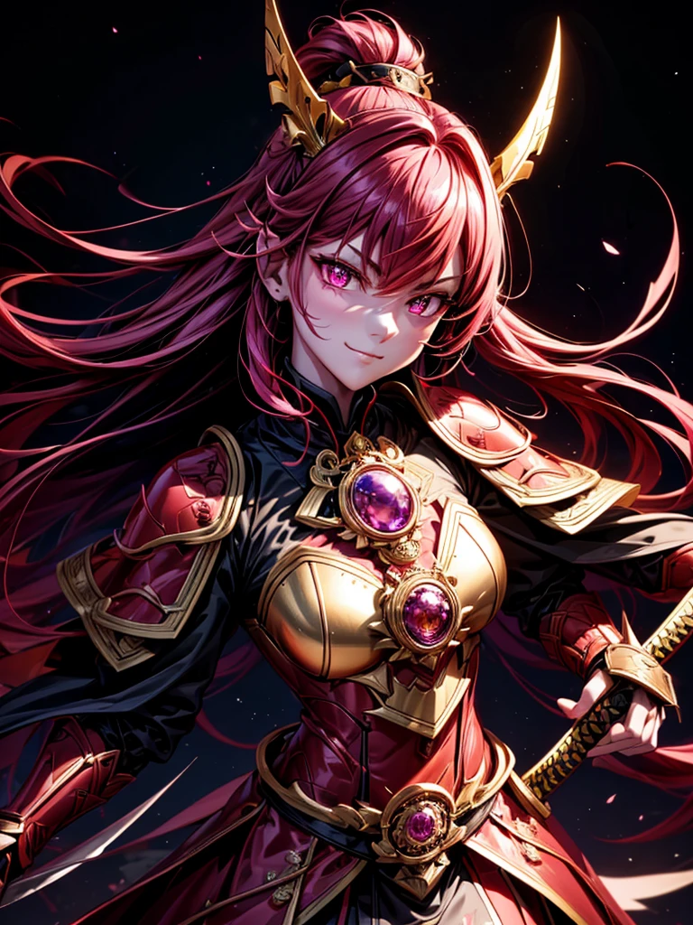 best quality,4K,high resolution),Ultradetailliert,realistisch,portrait, Lila Samurai Sukkubus mit einen katana dunkelrotem Haar, a purple-dark red armor with gold neon lights with gold trim and glowing red eyes, Leuchtende Farben, delicate features, seductive glance, Charming smile, wallende Haare, sanfte Beleuchtung