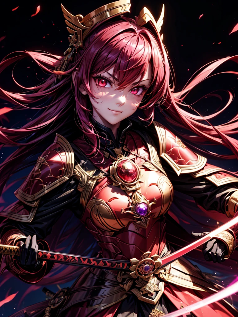 best quality,4K,high resolution),Ultradetailliert,realistisch,portrait, Lila Samurai Sukkubus mit einen katana dunkelrotem Haar, a purple-dark red armor with gold neon lights with gold trim and glowing red eyes, Leuchtende Farben, delicate features, seductive glance, Charming smile, wallende Haare, sanfte Beleuchtung