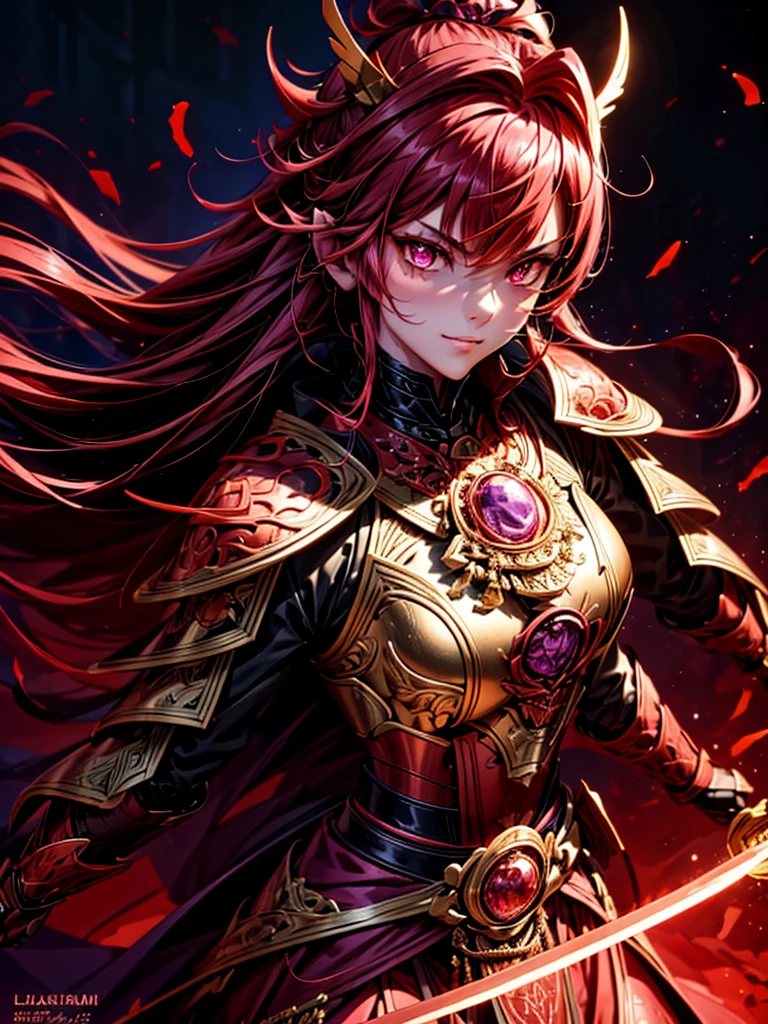 best quality,4K,high resolution),Ultradetailliert,realistisch,portrait, Lila Samurai Sukkubus mit einen katana dunkelrotem Haar, a purple-dark red armor with gold neon lights with gold trim and glowing red eyes, Leuchtende Farben, delicate features, seductive glance, Charming smile, wallende Haare, sanfte Beleuchtung