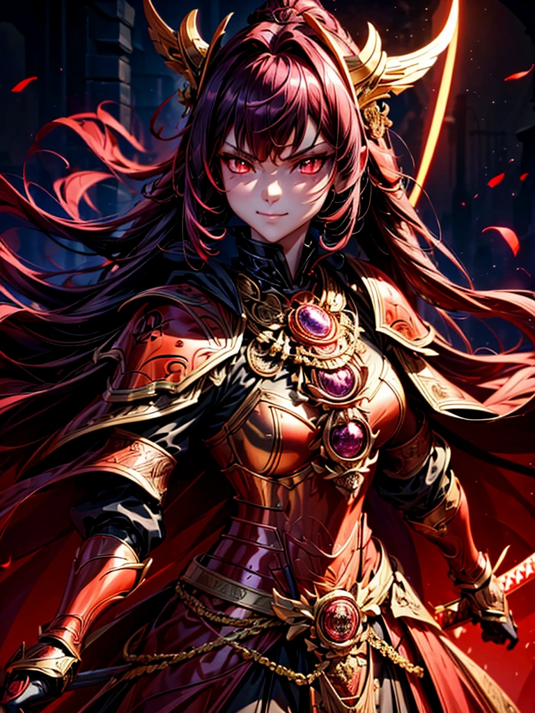 best quality,4K,high resolution),Ultradetailliert,realistisch,portrait, Lila Samurai Sukkubus mit einen katana dunkelrotem Haar, a purple-dark red armor with gold neon lights with gold trim and glowing red eyes, Leuchtende Farben, delicate features, seductive glance, Charming smile, wallende Haare, sanfte Beleuchtung