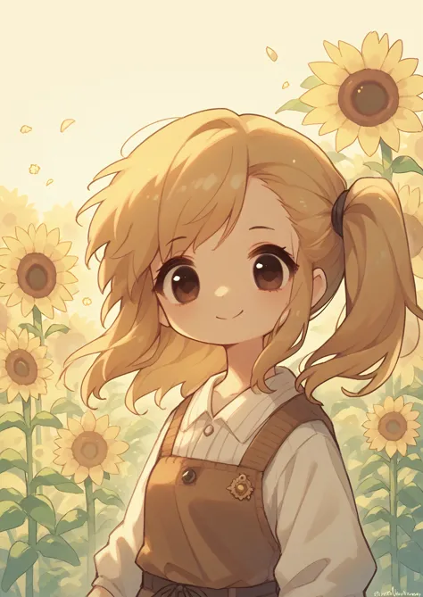 1 girl，brown side ponytail，绿色eye，dark green windbreaker，eye，sunflower，smile