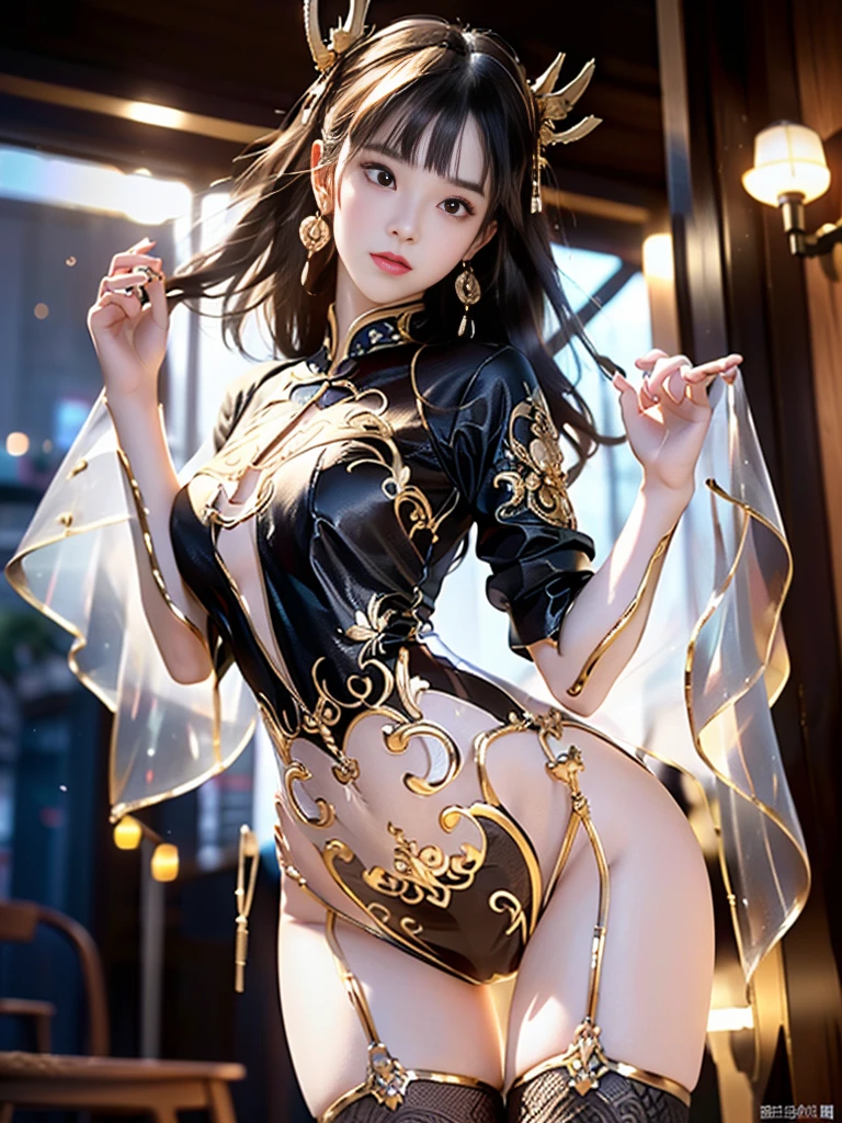 A beauty, (Race:Chinese),((night, moonlight, By the coffee shop's floor-to-ceiling windows)), (8K Ultra HD, 8K, Ultra-high resolution, best quality, masterpiece, Surrealism, Digital SLR Camera, Soft Light, Bokeh, Masterpieces), ((((Beautiful model-like face))), ((Creating the image of a real girl)), warm light, Realistic shadows, Dynamic poses, Elegant Posture, Cowboy lens, Full body front view, Be confident, Body facing the camera, Standing facing the camera, Open your legs slightly, Golden Ratio Graphics, Minimalism), (Happy smile, Big watery eyes, Cherry Blossom, Balanced Eyes, Perfect beautiful face, Normal facial features, Realistic skin, Attention to skin details, Skin is clean and radiant, Anatomically correct body, Hourglass figure, cosmetic, Gloves, earrings, bracelet, necklace, Jewelry, veil, Hair accessories, Headdress, shawl), ((beautiful hair), Dark brown hair, Big wavy curly hairstyle, Waist-length hair, Messy Hairstyle, Gradient hairstyles, Cyberpunk hairstyle), ((Transparent clothes：1.5), (Color of clothes: Two colors), Transparent Clothes, See-through clothes, Tulle clothes, Mesh clothes, Transparent sci-fi Hanfu, Shiny micro bikini bra, (Clothes that accentuate your bust shape)), (Sexy的, Perfect breast shape, Teardrop chest shape, Snow-white breasts, very detailed breasts, 36C cups), (Tempting, Super high waist, Deep V, Low-cut, Sexy, Flattering, Open crotch, (Camel toe, High fork strangulation)), (sock, Knee socks, 吊garter, Leg ring, garter, 腿部garter), (style:Sexy,Mature), (Wet body:1.0) , (Wet clothes:1.0), (clothes pattern: line)