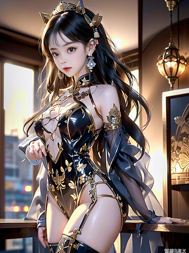 A beauty, (Race:Chinese),((night, moonlight, By the coffee shop's floor-to-ceiling windows)), (8K Ultra HD, 8K, Ultra-high resolution, best quality, masterpiece, Surrealism, Digital SLR Camera, Soft Light, Bokeh, Masterpieces), ((((Beautiful model-like face))), ((Creating the image of a real girl)), warm light, Realistic shadows, Dynamic poses, Elegant Posture, Cowboy lens, Full body front view, Be confident, Body facing the camera, Standing facing the camera, Open your legs slightly, Golden Ratio Graphics, Minimalism), (Happy smile, Big watery eyes, Cherry Blossom, Balanced Eyes, Perfect beautiful face, Normal facial features, Realistic skin, Attention to skin details, Skin is clean and radiant, Anatomically correct body, Hourglass figure, cosmetic, Gloves, earrings, bracelet, necklace, Jewelry, veil, Hair accessories, Headdress, shawl), ((beautiful hair), Dark brown hair, Big wavy curly hairstyle, Waist-length hair, Messy Hairstyle, Gradient hairstyles, Cyberpunk hairstyle), ((Transparent clothes：1.5), (Color of clothes: Two colors), Transparent Clothes, See-through clothes, Tulle clothes, Mesh clothes, Transparent sci-fi Hanfu, Shiny micro bikini bra, (Clothes that accentuate your bust shape)), (Sexy的, Perfect breast shape, Teardrop chest shape, Snow-white breasts, very detailed breasts, 36C cups), (Tempting, Super high waist, Deep V, Low-cut, Sexy, Flattering, Open crotch, (Camel toe, High fork strangulation)), (sock, Knee socks, 吊garter, Leg ring, garter, 腿部garter), (style:Sexy,Mature), (Wet body:1.0) , (Wet clothes:1.0), (clothes pattern: line)