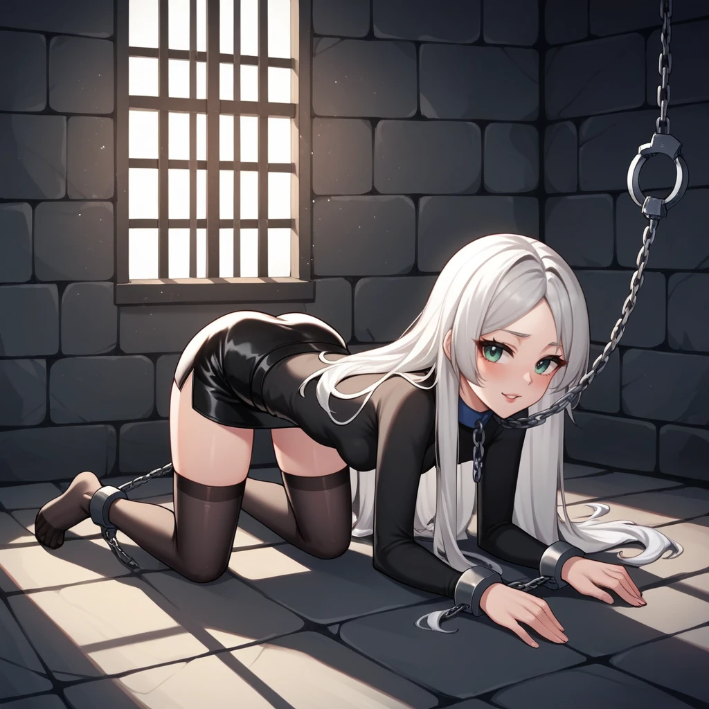 check_9, check_8_up, check_7_up, check_6_up, check_5_up, check_4_up, source_anime, 1 woman, get down on your knees, White hair, straight hair, Very long hair, playful look, WW chain, shackles, Came down with a weapon, doors, clean hair, black top, long sleeves, Short skirt, Short, black nylon thigh-high stockings, dungeon, night, Best quality, better resolution, 4k uhd, it sits on my lap, Leather dog collar with leash, lean girl, thin legs, long eyelashes, mascara, pomade, leather wrist cuffs with a chain, Shackled Hands, hands together, leather handcuffs on belts shackled the ankles of the legs, bent over, doggystyle, top down bottom up, arms behind back