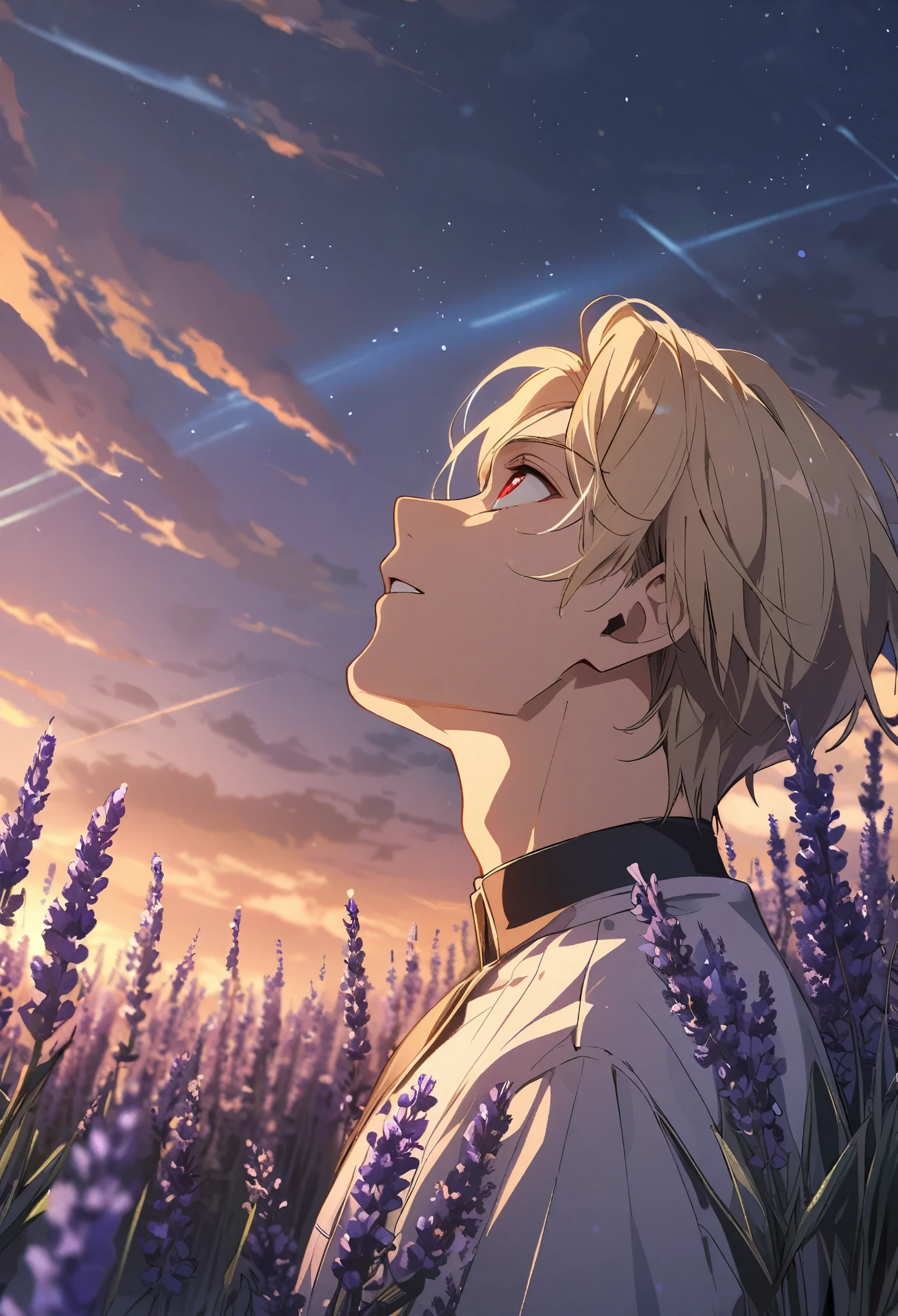 A man looking up at the sky, 1 male, Blonde, Red eyes, Lavender field flowers