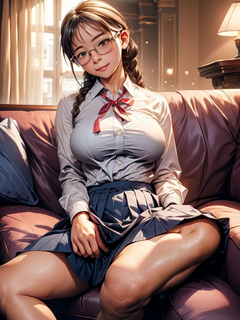 Highest quality、masterpiece、Looking at me with a smile、Anatomically correct、Short、Slightly larger breasts、whole body、Tight business shirt、Short pleated skirt、(Tight jacket)、Ribbon at neck、A school uniform that accentuates the lines of a high school girl's body、(Braid)、Glasses、(Sitting on the hotel sofa with knees bent.:1.4)、(Spread your legs wide:1.2)、(Lifting her skirt to show her vagina:1.2)、(Erect nipples)