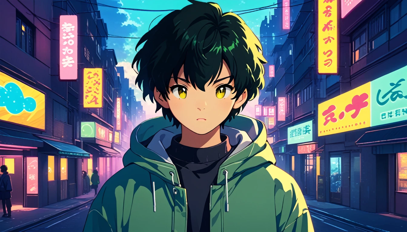 alone, lofi artstyle, lofi art, city, town, 80s anime style, Retro, Lo-Fi, masterpiece, best quality, (extremely detailed CG unity 8k wallpaper), (best quality), (best illustration), (best shadow), absurdres, realistic lighting, (Abyss), beautiful detailed glow, lofi boy, solo, looking at viewer, black hair, 1boy, jacket, yellow eyes, upper body, male focus, hood, hoodie, mask, glowing, border, mouth mask, animification, green hoodie