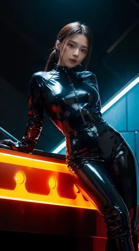 solo, super fine photo, portrait unreal engine 5 8k uhd of beautiful girl in a skin tight black latex outfit with blue neon ligh...