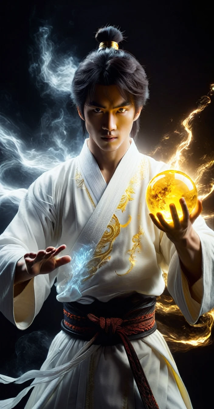 Wabstyle martial arts style, A man in a white robe、Extremely handsome young man using magical powers, Holding a glowing yellow magic ball in his hand, Visual effects, Glowing energy liquid, Special effect, Glowing energy effect, Very detailed, 32k UHD, best quality, The left half of the masterpiece radiates a pure holy light, While the right half is shrouded in demonic shadows