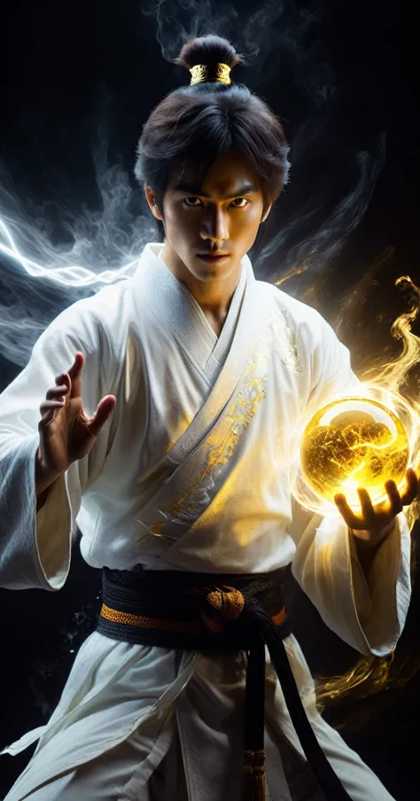 wabstyle martial arts style, a man in a white robe、extremely handsome young man using magical powers, holding a glowing yellow m...