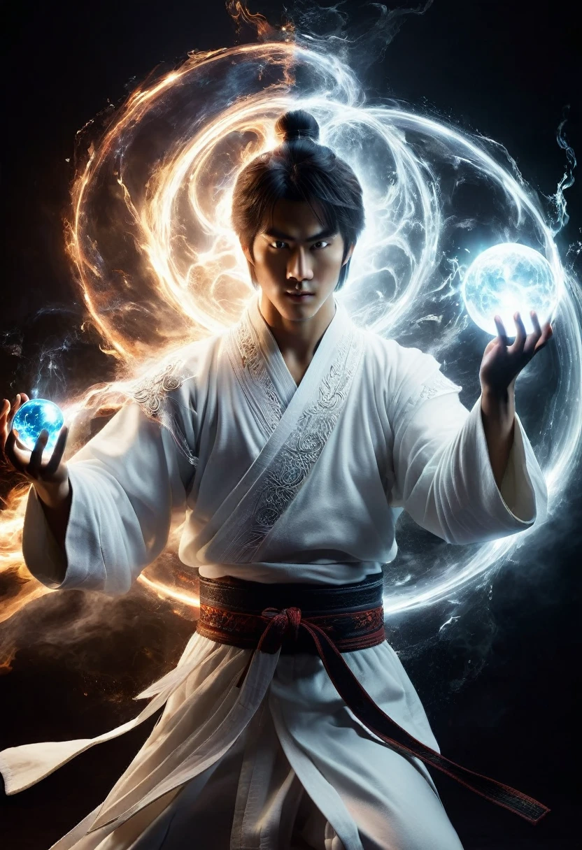 Wabstyle martial arts style, A man in a white robe、Extremely handsome young man using magical powers, Holding a glowing magic orb, Visual effects, Glowing energy liquid, Special effect, Glowing energy effect, Very detailed, 32k UHD, best quality, The left half of the masterpiece radiates a pure holy light, While the right half is shrouded in demonic shadows