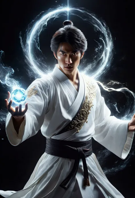 wabstyle martial arts style, a man in a white robe、extremely handsome young man using magical powers, holding a glowing magic or...