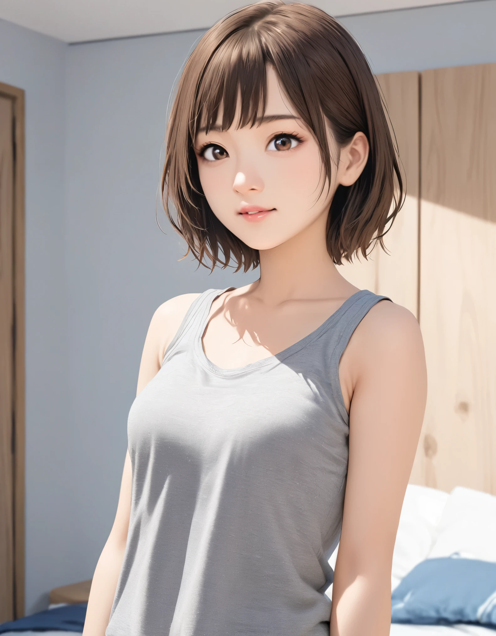 (best quality:1.2), 1girl, Bedroom, Tank top, upper body shot, shoot from front