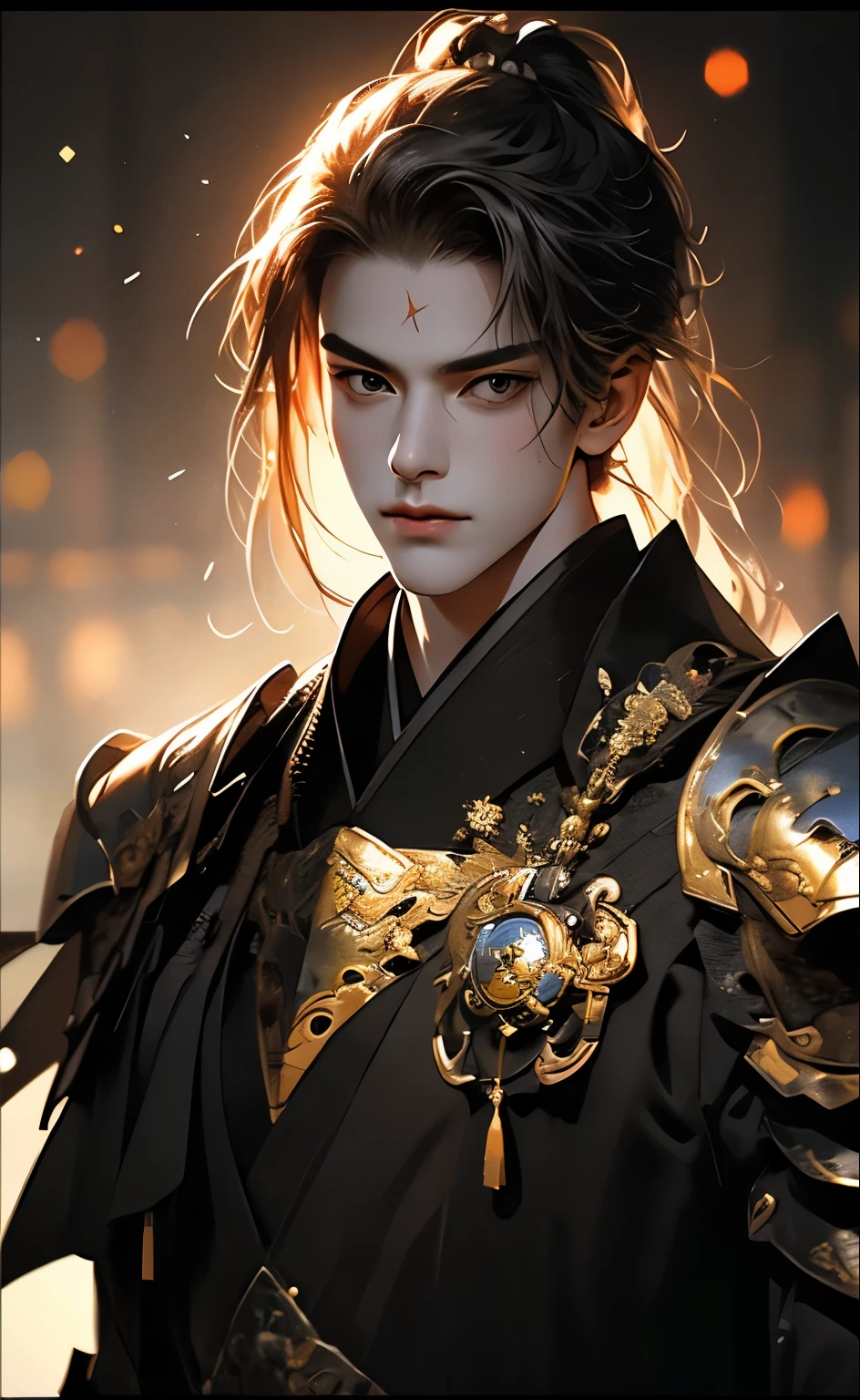 a boy in armor, grim expression, flawless facial features, perfectly detailed hands, chinese setting, ancient artifacts, golden accents, best quality, 4k, 8k, highres, masterpiece:1.2, ultra-detailed, realistic, photorealistic, photo-realistic:1.37, HDR, UHD, studio lighting, ultra-fine painting, sharp focus, physically-based rendering, extreme detail description, professional, vivid colors, bokeh, concept art