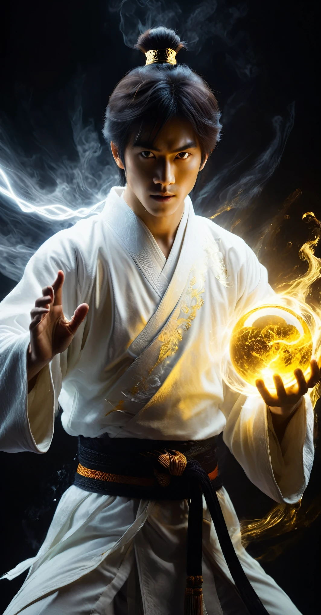 Wabstyle martial arts style, A man in a white robe、Extremely handsome young man using magical powers, Holding a glowing magic orb, Visual effects, Glowing energy liquid, Special effect, Glowing energy effect, Very detailed, 32k UHD, best quality, The left half of the masterpiece radiates a pure holy light, While the right half is shrouded in demonic shadows