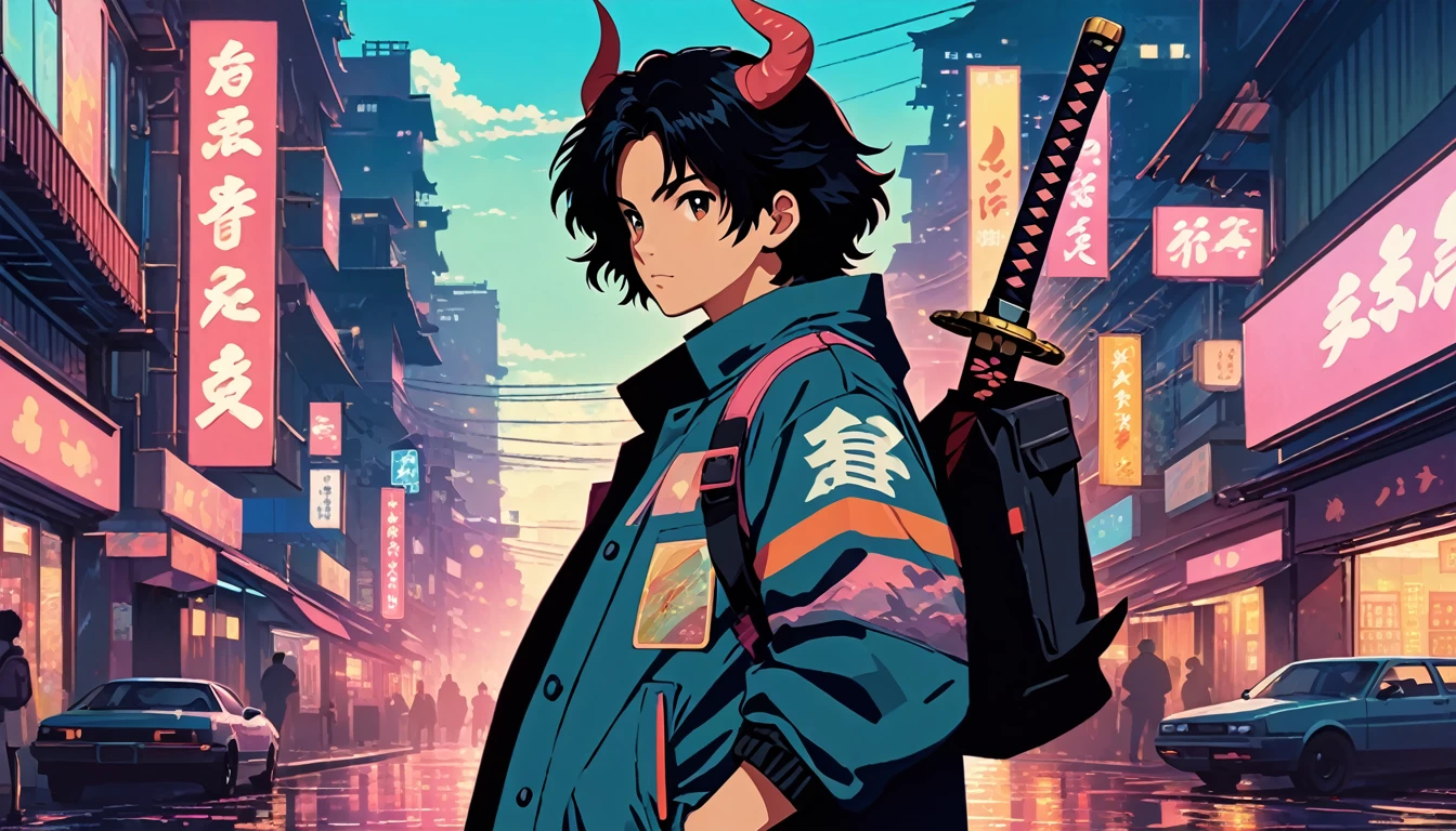 alone, lofi artstyle, lofi art, city, town, 80s anime style, Retro, Lo-Fi, masterpiece, best quality, (extremely detailed CG unity 8k wallpaper), (best quality), (best illustration), (best shadow), absurdres, realistic lighting, (Abyss), beautiful detailed glow, lofi boy, solo, black hair, 1boy, jacket, upper body, weapon, male focus, horns, sword, mask, katana, hands in pockets, weapon on back