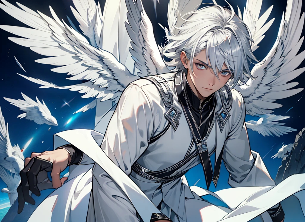 ((Best quality)), HD 4K, Seraphin angel, Angel with six wings, white wings, silver eyes for wings, six wings, silver clothes, appearance of a young man, Short wavy silver hair. Name Metatron silver.