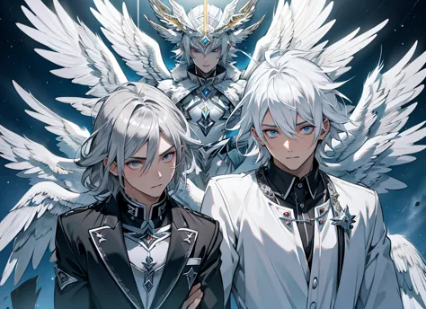 ((best quality)), hd 4k, seraphin angel, angel with six wings, white wings, silver eyes for wings, six wings, silver clothes, ap...