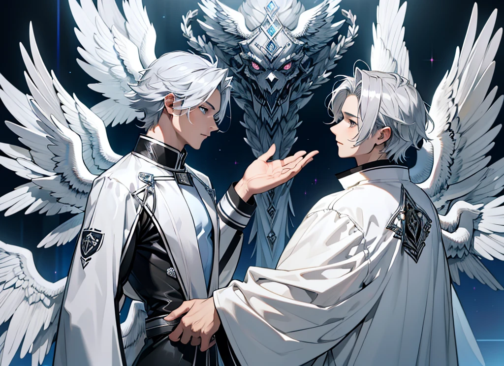 ((Best quality)), HD 4K, Seraphin angel, Angel with six wings, white wings, silver eyes for wings, six wings, silver clothes, appearance of a young man, Short wavy silver hair. Name Metatron silver.