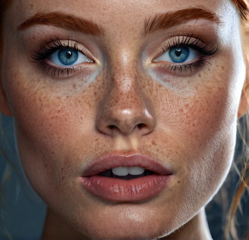 Ginger, woman, cute, young, high quality, photorealistic, realistic human strong jaw , big Cheekbone, freckles, blue eyes, hyperdetailed photography, soft light, ultra high res , in a dramatic pose, adding mystery and sensuality, on yout n