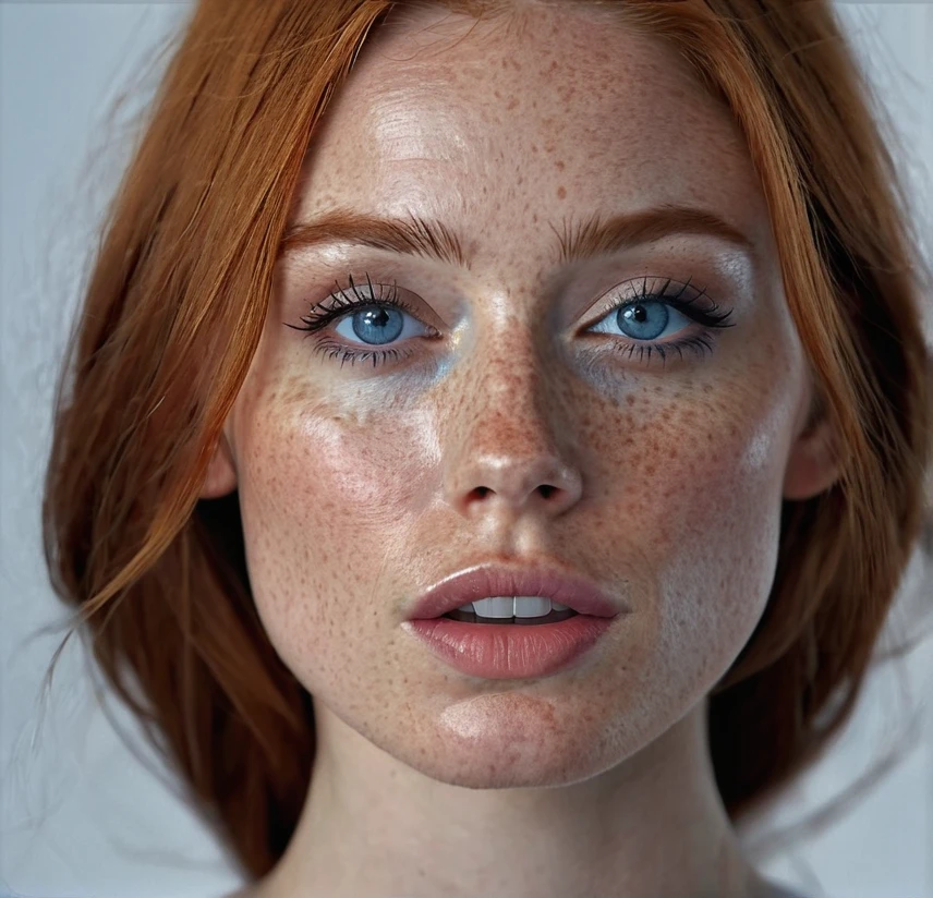 Ginger, woman, cute, young, high quality, photorealistic, realistic human strong jaw , big Cheekbone, freckles, blue eyes, hyperdetailed photography, soft light, ultra high res , in a dramatic pose, adding mystery and sensuality, on yout n