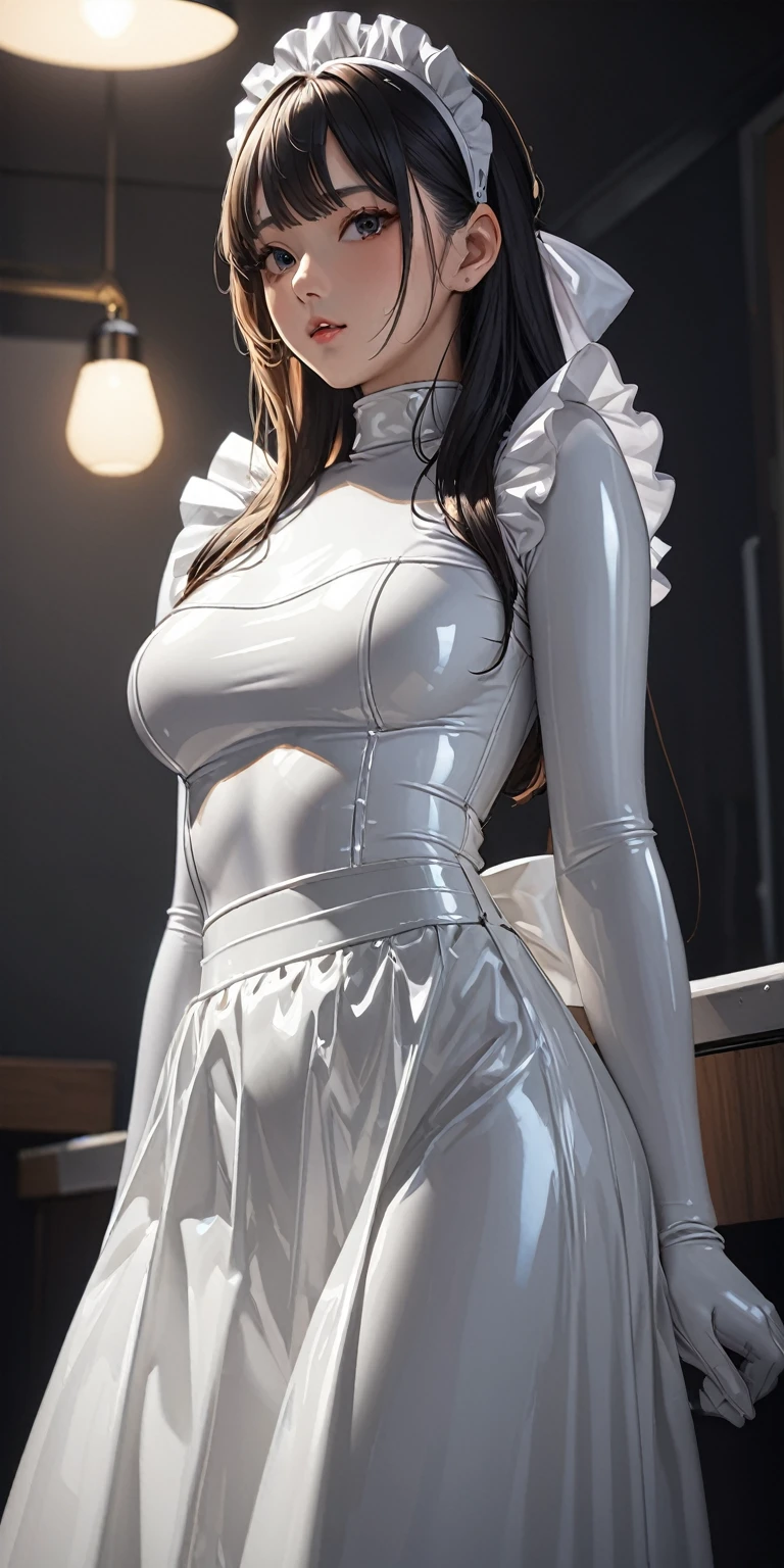 Portraiture、(masterpiece,Highest quality,Ultra-high resolution),Japanese women, (((A very beautiful 25 year old))),(White latex maid outfit)、(White latex long skirt)、(A long-sleeved white latex shirt covering the upper body)、White latex long gloves、White latex socks、Latex bodysuit、The clothes fit snugly to the body、Latex is very shiny、Dark Room、