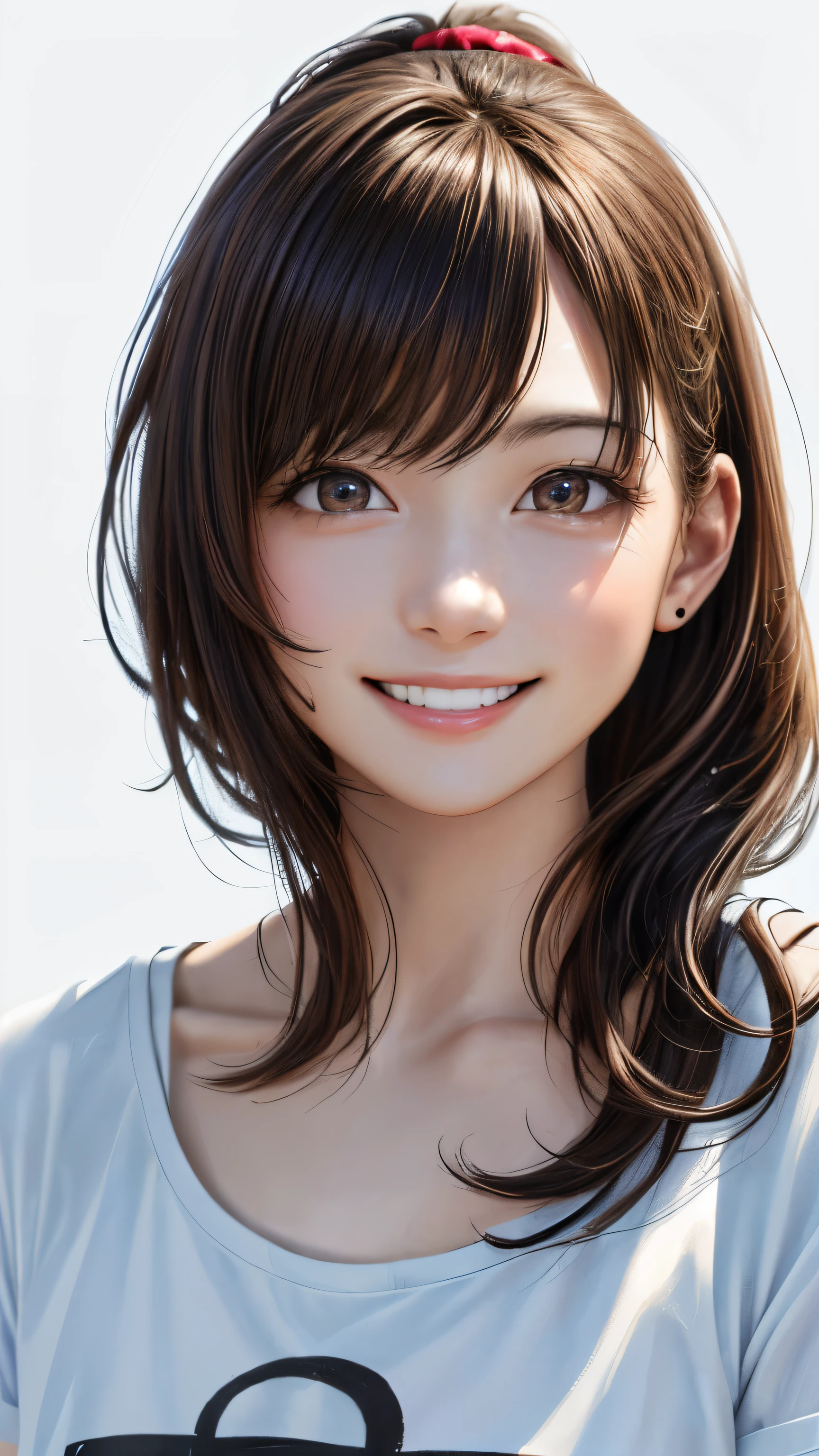 (Highest quality、8k、32K、masterpiece)、(Realistic)、(Photorealistic:1.2)、(High resolution)、Very detailed、Very beautiful face and eyes、1 girl、Round and small face、Narrow waist、Delicate body、(close、Highest quality、Attention to detail、Rich skin detail)、(Highest quality、8k、Oil paints:1.2)、Very detailed、(Realistic、Realistic:1.37)、Bright colors、(((Flaxen Hair)))、(((Bust Shot)))、(((Medium Hair)))、(((Side Ponytail)))、(((Pure white wall background)))、(((Pure white wall background)))、(((She has a happy expression)))、(((I&#39;smile)))、(((Wearing a black T-shirt)))、(((It's a T-shirt with the universe depicted on the chest..)))、(((Look straight ahead)))、(((I have brown hair)))、(((The skirt is short)))、(((Teeth are visible)))、(((Hands are above the head)))、