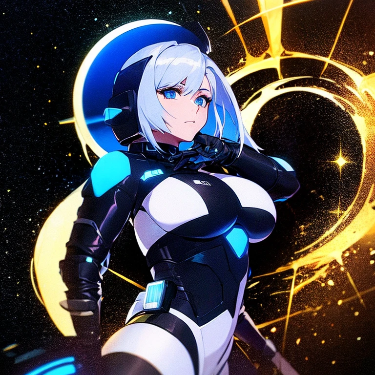 woman with ,golden-white hair,Blue eyes,,,black spacesuit