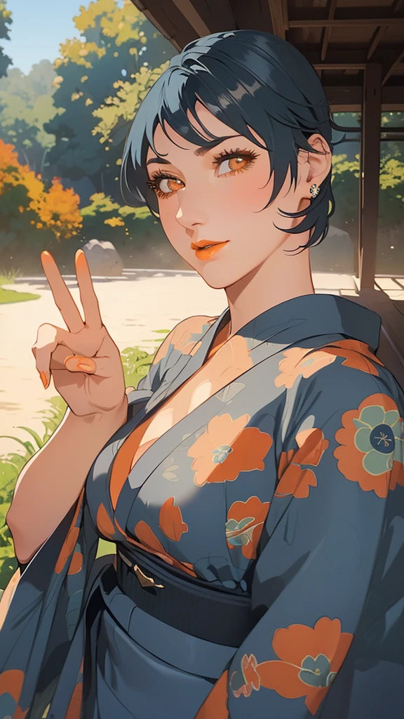 1 women, Single, Solo, Beautiful anime women,laugh,
((Dark blue hair,extra short hair,brown eyes,rounded eyes, Beautiful eyelashes, beautiful eyebrows,
orange lipstick)),((large breasts,yukata,peace fingers))