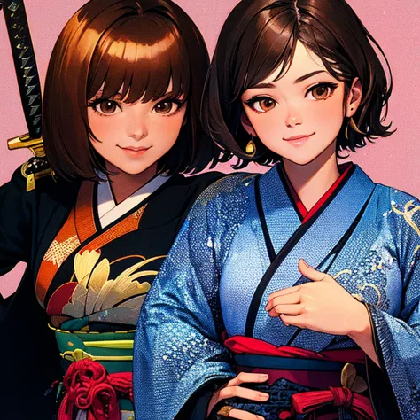 1 girl, one, japanese clothing, short hair, weapon, a sword, brown eyes, i look at the viewer, kimono, brown hair, lips, hand on...