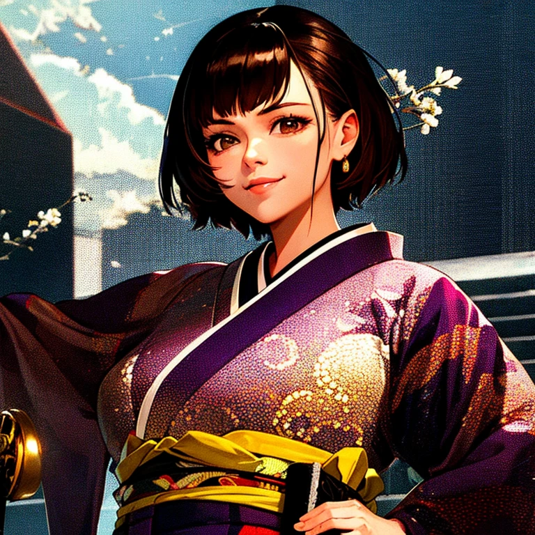 1 girl, One, japanese clothing, short hair, weapon, a sword, Brown eyes, I look at the viewer, kimono, Brown hair, lips, hand on hip, shell, smile, katana, black hair, upper body, closed mouth, shelled, above the handle  