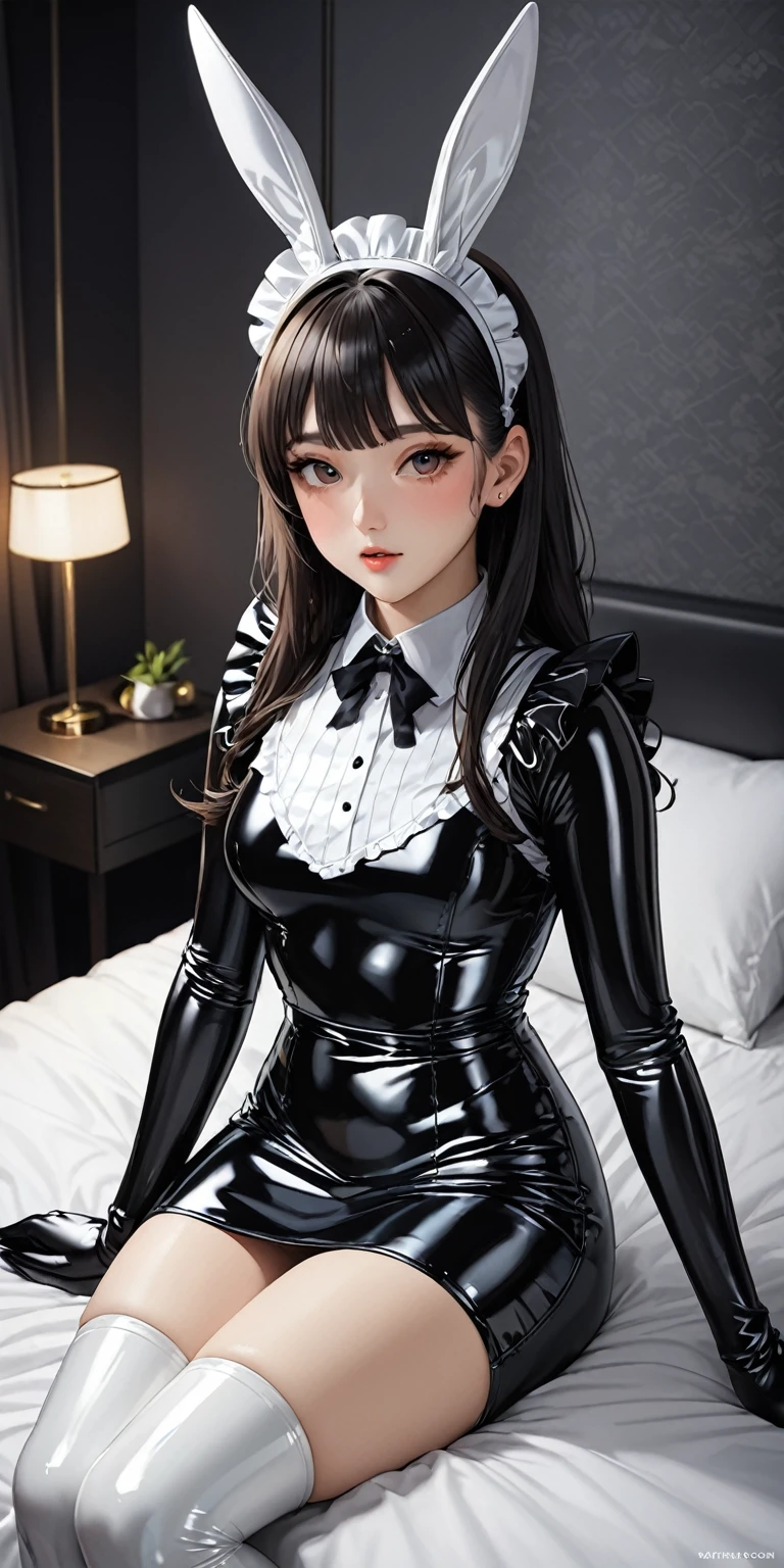 Portraiture、(masterpiece,Highest quality,Ultra-high resolution),Japanese women,Bunny ears headband、 (((A very beautiful 25 year old))),(Latex Maid Clothing)、(Latex Long Skirt)、(A long-sleeved latex shirt that covers the upper body)、Latex Long Gloves、Latex socks、Latex bodysuit、The clothes fit snugly to the body、Latex is very shiny、Dark Room、Sitting on the bed