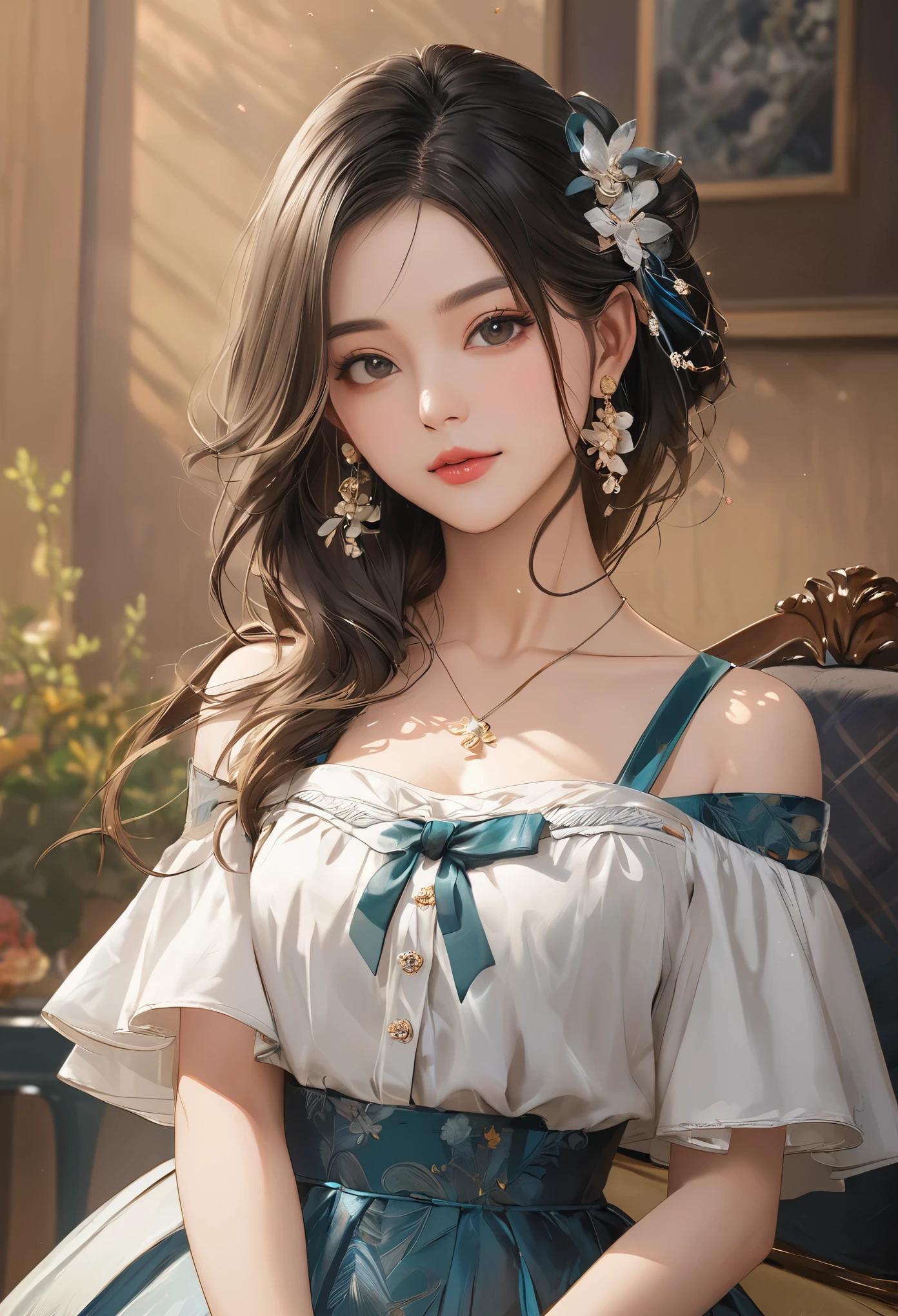 (masterpiece, Highest quality:1.2), one person&#39;s, alone,Bony body、5 years old、ferry, ((Long Hair)), ferryBase, ((Knee socks)), Exposing shoulders, ((jewelry)), ((No sleeve)), White Dress, Blue Skirt, ((gloves)), Up to the thighs, 