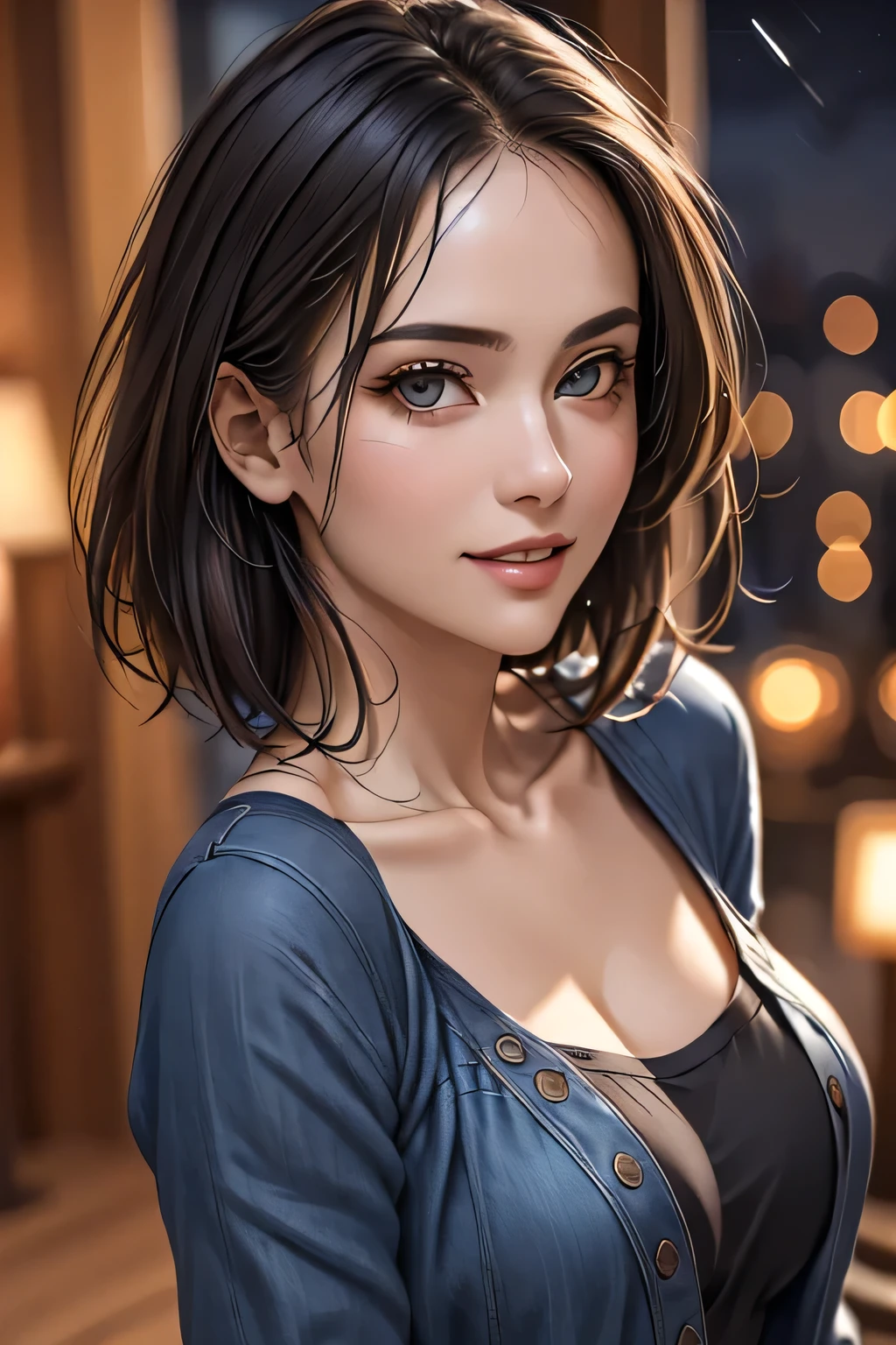 (highest quality, 8k, 32K, masterpiece), (Realistic), (Realistic:1.2), (High resolution), (night:1.7), Japan, cyber punk, City View, In front of the window,Wooden floor, 
Blue jacket, Grey Shirt, clavicle, jewelry, gem, Brunette Bob, 
1 female, 45 years old, beautiful Finger, beautiful long legs, beautifulbody, beautifulNose, beautifulcharacter design, Perfect Eyes, perfectface, Expressive eyes, View your viewers, Center the image, (upper_body), (Focus on her face),
Official Art, Very detailed CG Unity 8k wallpaper, Perfect lighting,Farbeful, bright_front_face_Lighting,Glowing Skin,
(masterpiece:1.0),(Highest_quality:1.0), 超High resolution,4K,Very detailed,
photograph, 8k, High resolution, High resolution, absurdes:1.2, 400 for Kodak Port, Film Grain, Blurred Background, bokeh:1.2, Lens flare, (Vibrant_Farbe:1.2)
(beautiful,chest), (beautiful_face:1.5),(narrow_Waist),