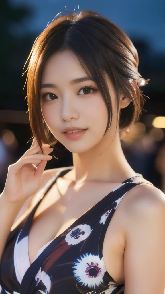 8k,Highest quality,(masterpiece:1.2),(Realistic),(Realistic:1.37),Ultra-high resolution,1 female college student,festival,night,smile,Beautiful Eyes,(((Cute Yukata))),Perfect body,Perfect Fingers,Professional Lighting,gravure,Detailed face and skin texture,fine grain,RAW Photos