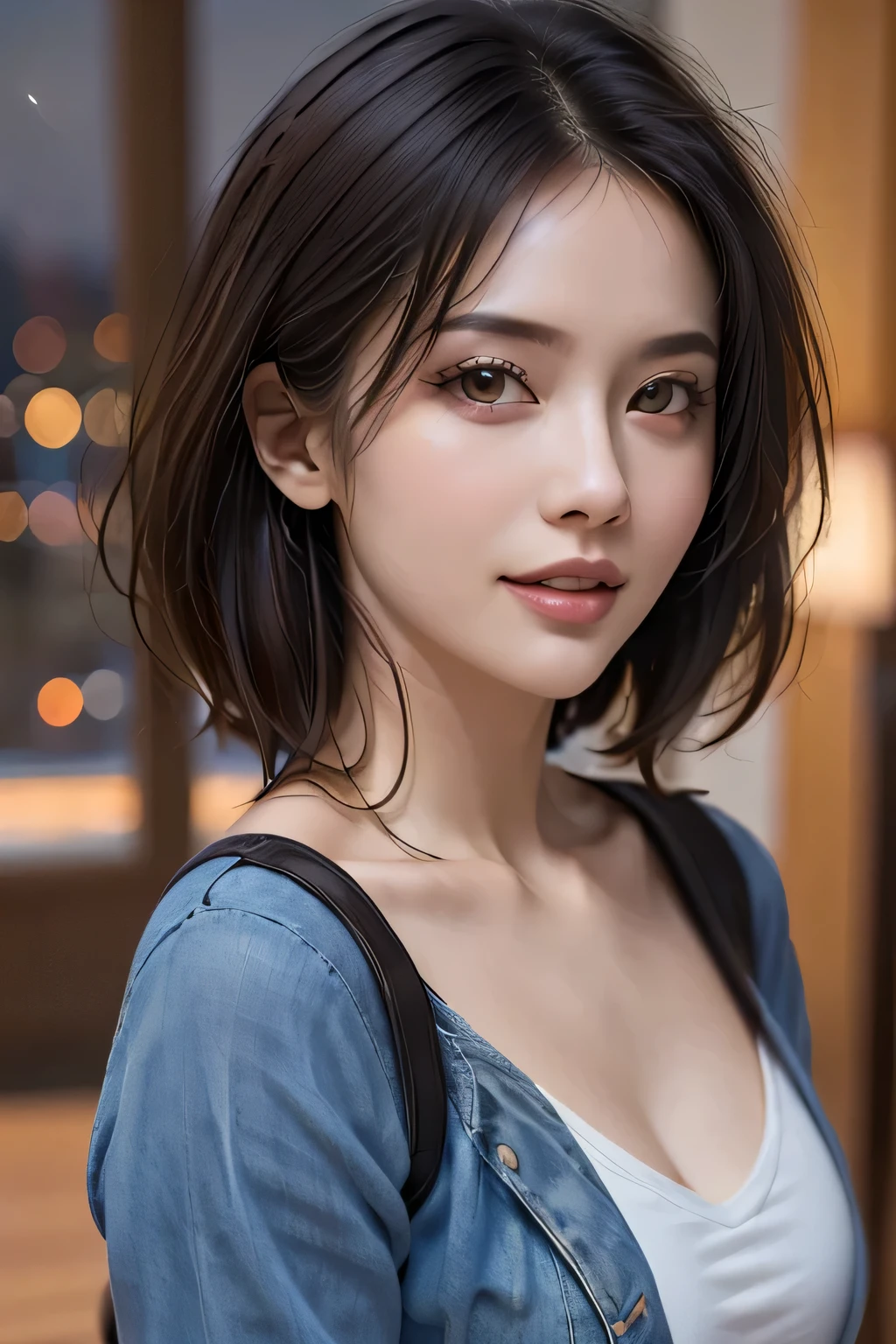 (highest quality, 8k, 32K, masterpiece), (Realistic), (Realistic:1.2), (High resolution), (night:1.7), Japan, cyber punk, City View, In front of the window,Wooden floor, 
Blue jacket, Grey Shirt, clavicle, jewelry, gem, Brunette Bob, 
1 female, 45 years old, beautiful Finger, beautiful long legs, beautifulbody, beautifulNose, beautifulcharacter design, Perfect Eyes, perfectface, Expressive eyes, View your viewers, Center the image, (upper_body), (Focus on her face),
Official Art, Very detailed CG Unity 8k wallpaper, Perfect lighting,Farbeful, bright_front_face_Lighting,Glowing Skin,
(masterpiece:1.0),(Highest_quality:1.0), 超High resolution,4K,Very detailed,
photograph, 8k, High resolution, High resolution, absurdes:1.2, 400 for Kodak Port, Film Grain, Blurred Background, bokeh:1.2, Lens flare, (Vibrant_Farbe:1.2)
(beautiful,chest), (beautiful_face:1.5),(narrow_Waist),