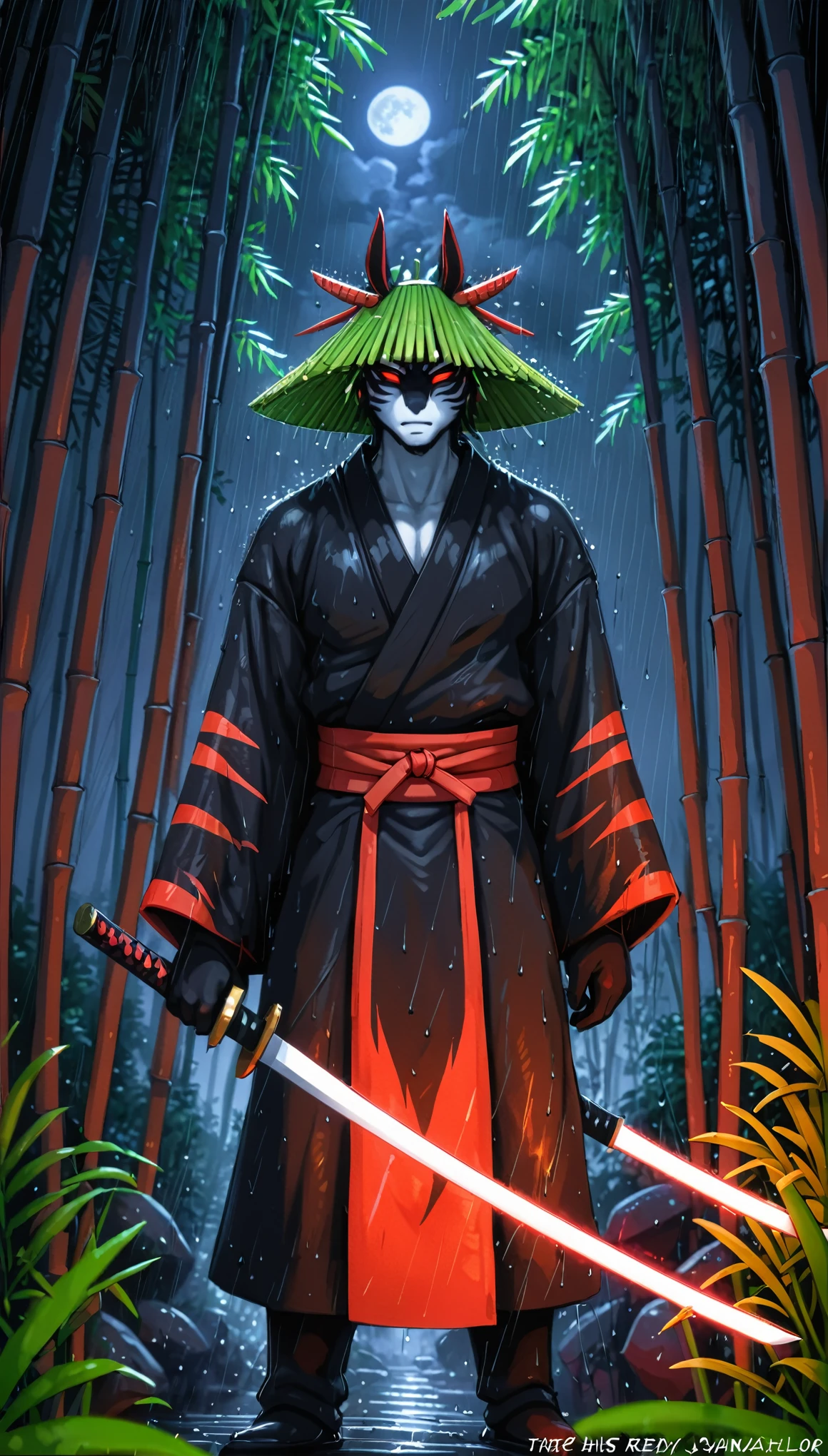 front view, best quality,  wide shot, 

a man dressed as a samurai stands in the rain, wearing a bamboo hat (kasa) on his head. He is surrounded by a dense forest, alive with the sounds of nature. It's a moonlit night, and the darkness adds to the mysterious ambiance. The man is wearing a black kimono with neon red stripes that glow in the darkness, making him stand out in the scene. His sword (katana) is unsheathed, ready for action in the face of imminent disasters.

[by Alex Timmermans:by jaynaylor:0.25],
detailed background, detailed foreground, depth of field, ambient silhouette, backlighting,

