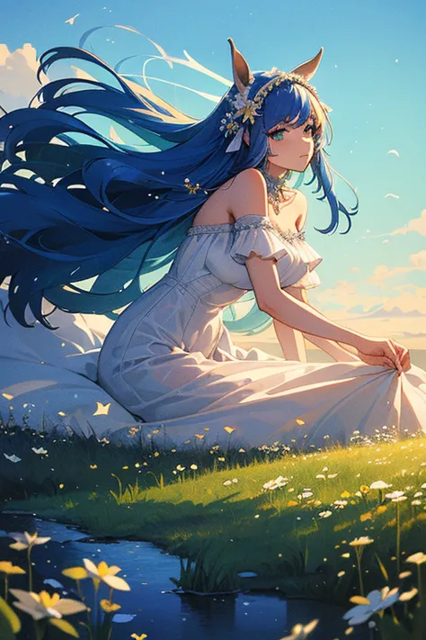 ((masterpiece, best quality)),(illustration),(detailedworld),((very gentle and beautiful)),1 girl,godolphin arabic,long hair,blu...