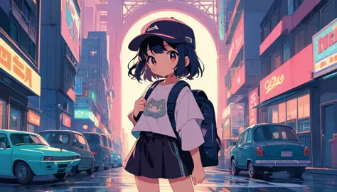 alone, lofi artstyle, lofi art, city, town, 80s anime style, retro, lo-fi, masterpiece, best quality, (extremely detailed cg uni...